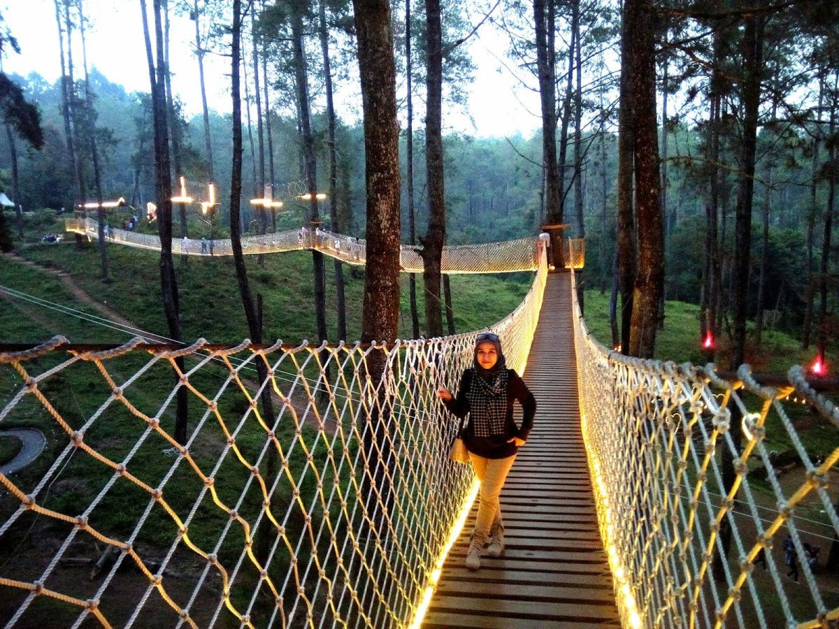 Ινδονησία φωτιζόμενη γέφυρα στο δάσος Orchid Forest τουρίστρια περπατά στη γέφυρα